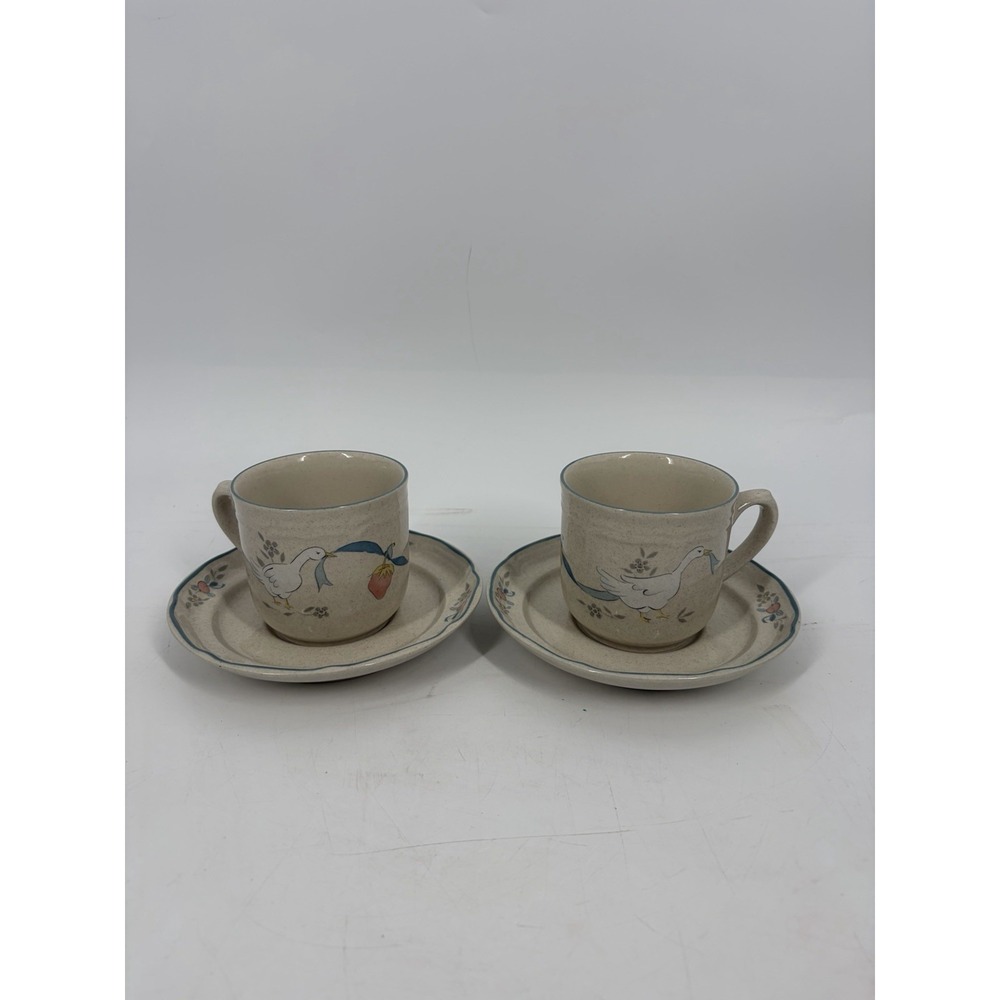 International Stoneware Marmalade Coffee Cup Saucer Geese Blue Ribbon Set Of 2